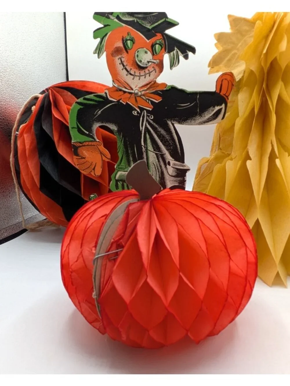 Vintage Cardboard Die Cut Scarecrow Honeycomb Pumpkin Decoration Lot Halloween